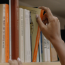Hand stellt ein Buch in ein Bücherregal